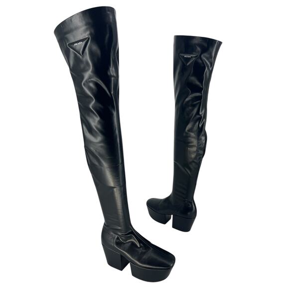 Prada Black Stretch Napa Over-the Knee Platform Boots - Picture 2 of 16
